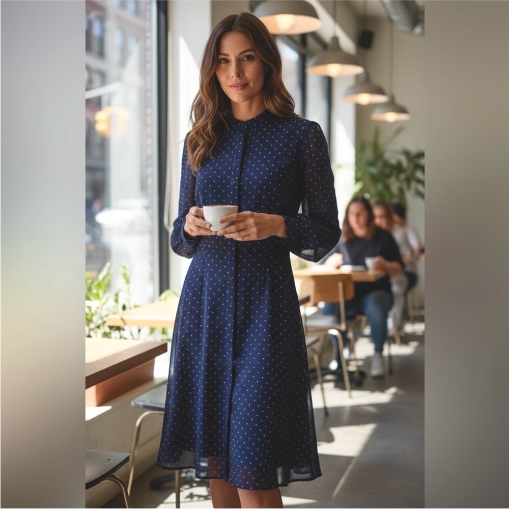 Massimo Dutti Navy Polka Dot Long Sleeve Dress